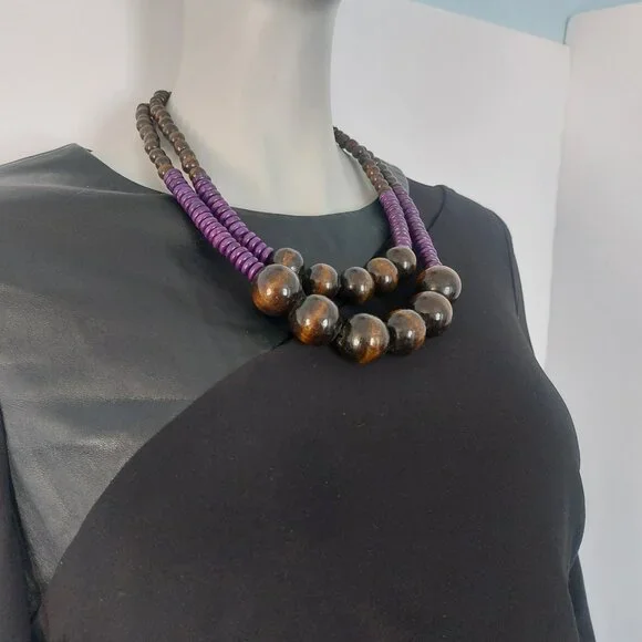 Brown Purple Wooden Beads Necklace 2 Layers Boho Earth Tone Statement Like New - Picture 9 of 9